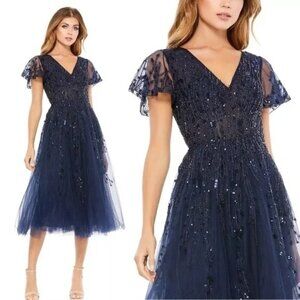 Mac Duggal Navy Blue Midi Dress